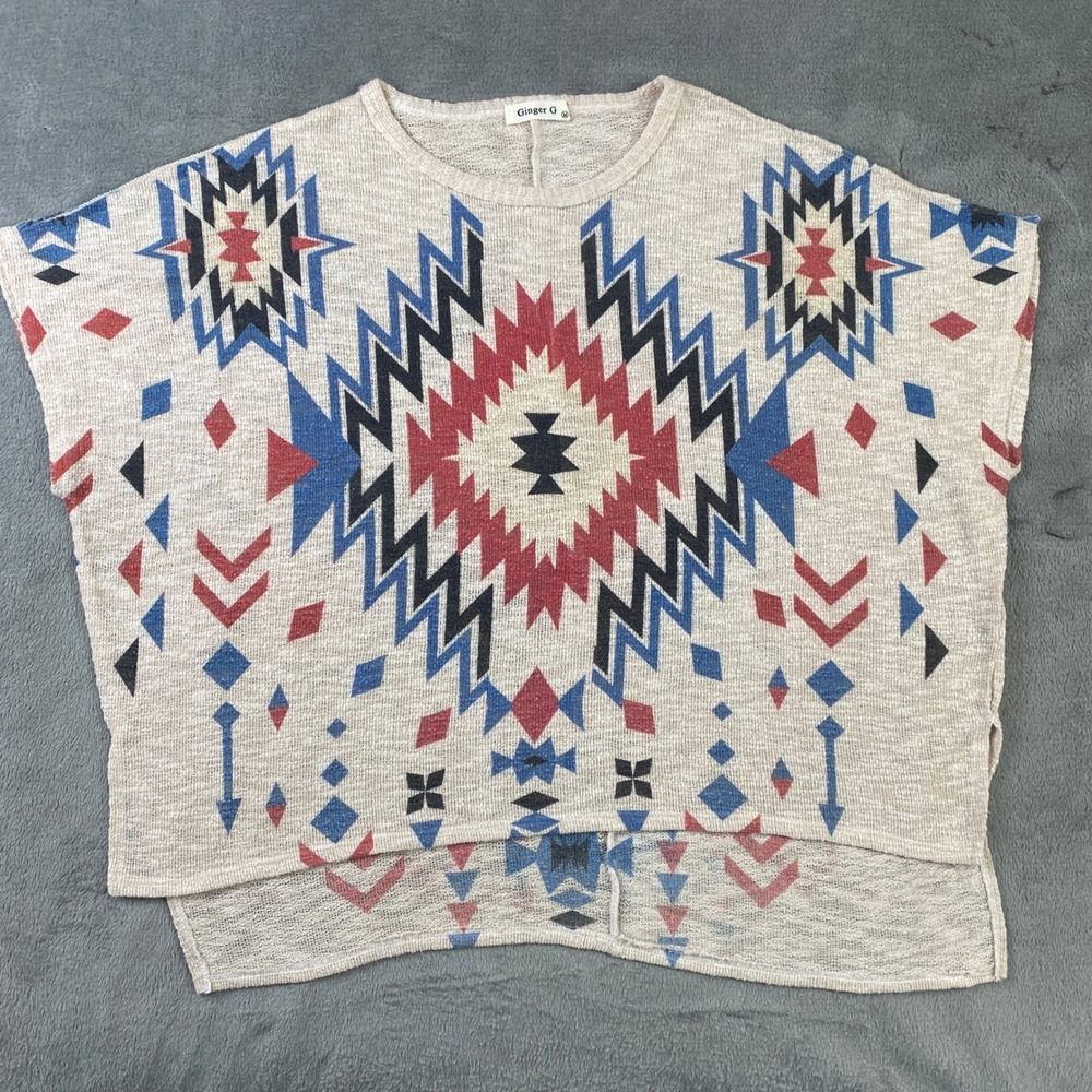 Ginger G Poncho Top Womens M Beige Southwestern Geometric High Low Knit Aztec